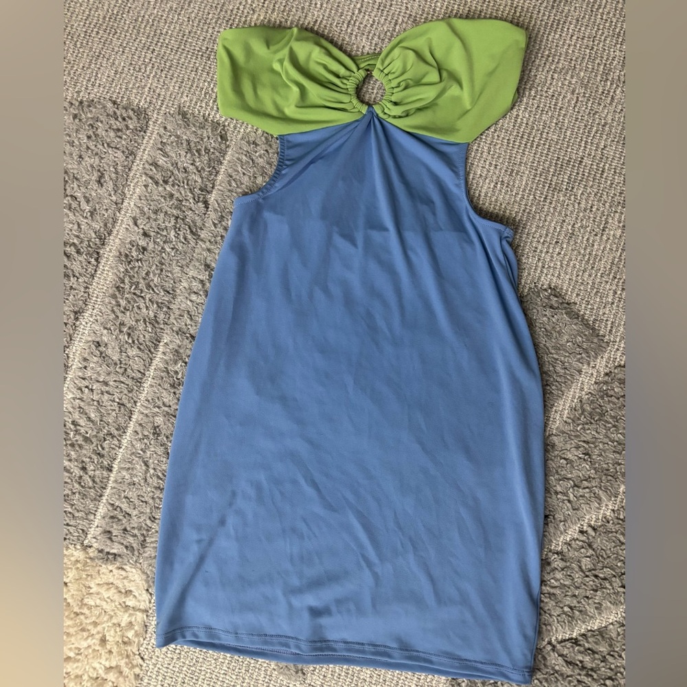 Color Block O-Ring Cut Out Mini Dress Blue & Lime Green size S